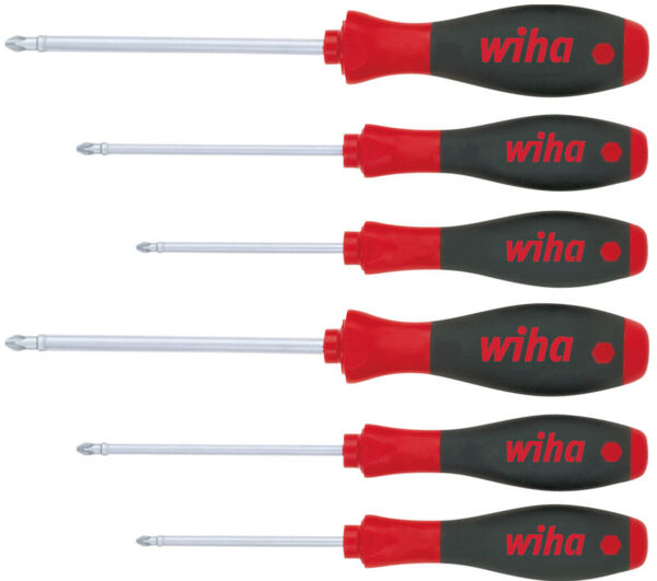 The image displays six screwdrivers in a row. They have black handles with red sections and the inscription "wiha". The blades vary in length and width.