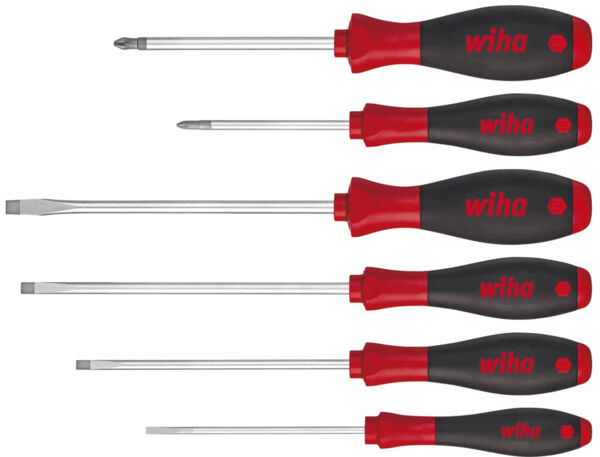 The image shows six screwdrivers in a row. They have ergonomic, red-black handles and different blades: two Phillips and two flathead screwdrivers.