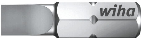 The image shows a silver screwdriver bit with a smooth, rectangular shape. On the side, the word "wiha" is written in dark lettering. The bit has an opening recess.