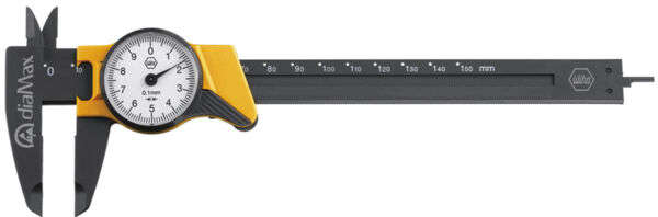 The image shows a digital caliper in black and yellow. On one side, there are two measuring jaws, and on the other, a dial for reading the measurements.