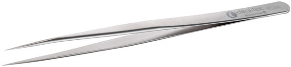 The image displays a fine, metallic tweezer with two long, pointed tips. It features a simple, shiny surface and a straight handle designed for precise work.