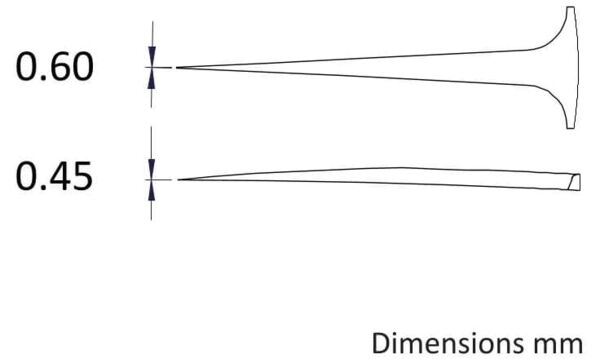 Das Bild zeigt zwei senkrechte Linien mit verschiedenen Breiten: eine mit 0,60 mm und eine mit 0,45 mm. Unter den Linien steht ?Dimensions mm?. Die Linien sind spitz zulaufend.