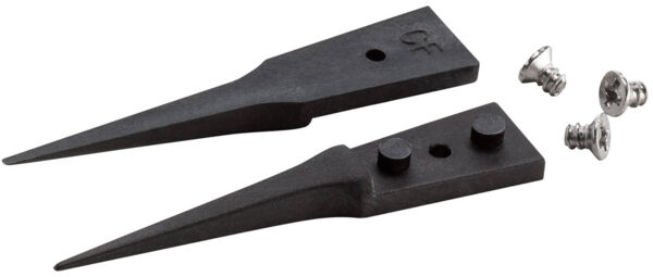 The image shows two black, pointed metal parts that are flat at the ends. Next to them are two silver screws. The parts could be part of a tool or accessory.