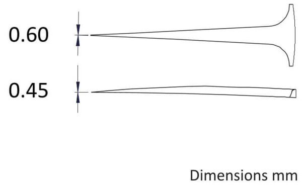 Das Bild zeigt zwei Linien mit verschiedenen Formen und Längen. Die obere Linie ist an einem Ende dick und verjüngt sich, die untere Linie ist gleichmäßig schmal. Maße sind in Millimetern angegeben.