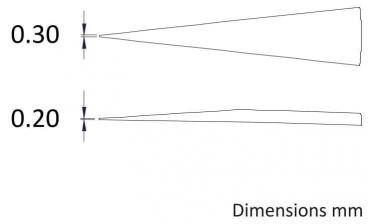 Das Bild zeigt zwei Linien, die in der Mitte schmal und an den Enden breiter sind. An der linken Seite sind die Abmessungen 0,30 mm und 0,20 mm angegeben, um die Unterschiede zu verdeutlichen.