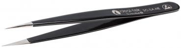 The image shows a black metal tweezer with pointed tips. It has a smooth surface and an engraved brand on the side. The tweezer is slim and elongated.