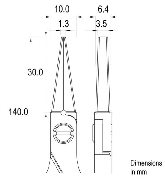 Das Bild zeigt einen technischen Zeichnungsentwurf eines Werkzeugs oder einer Zange mit Maßangaben in Millimetern. Es gibt zwei Ansichten: von vorne und von der Seite.