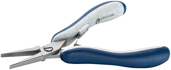 The image shows a pair of pliers with gray and blue handles. The pliers have a narrow, pointed opening and a metallic edge, suitable for precise gripping and cutting.