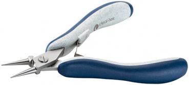 The image shows a pair of pliers with two pointed, flat jaws. The handles are ergonomically shaped, blue and gray with a non-slip surface. It is well suited for delicate tasks.