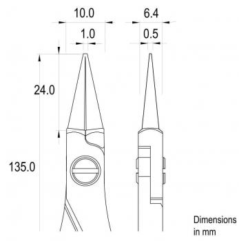 The image shows a technical drawing of pliers in side view and front view. Dimensions are given in millimeters. The pliers have a pointed shape and specific dimensions.