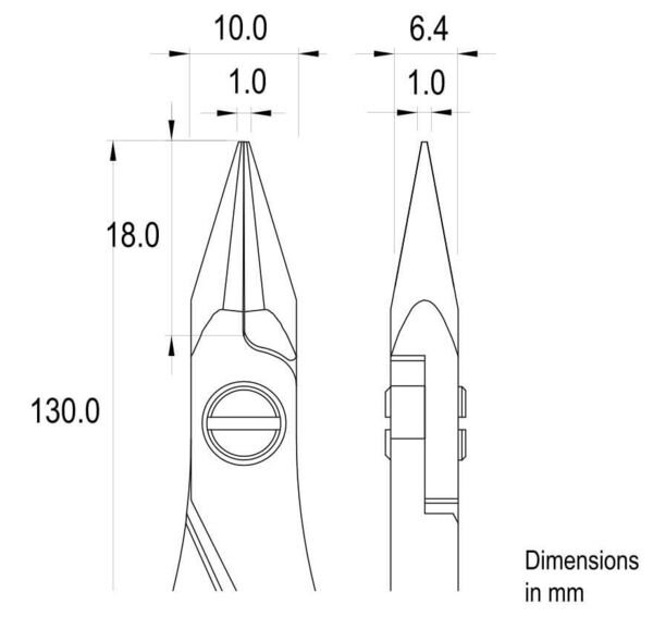 The image displays technical drawings of pliers. There are two views: a front view with pointed jaws and a side view. Dimensions are given in millimeters.