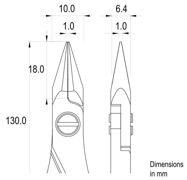 Das Bild zeigt technische Zeichnungen von Zangen, seitlich und frontal. Es gibt Maßangaben in Millimetern: Längen und Breiten sind angegeben, z.B. 130 mm und 18 mm.