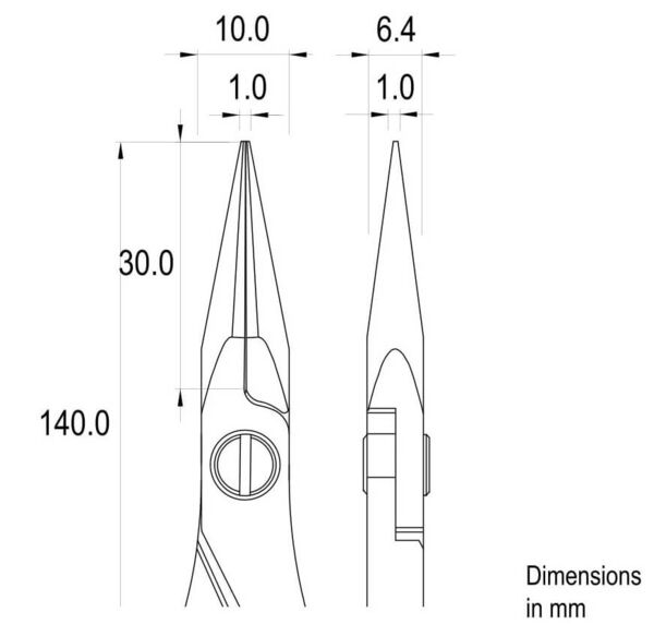 The image displays a technical drawing of pliers. Dimensions are provided: total length 140 mm, tip 30 mm, width 6.4 mm. Additional dimensions are noted in millimeters.