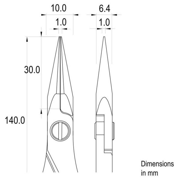 Das Bild zeigt eine technische Zeichnung einer Zange mit verschiedenen Maßangaben in Millimetern. Die Zange hat eine spitze Form, einen Griff und seitliche Kanten. Die Abmessungen sind deutlich beschriftet.