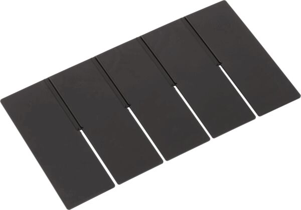 The image displays a flat, rectangular black plate with five parallel, narrow slots arranged at regular intervals. The surface is smooth and monochrome.