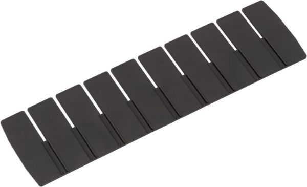 The image shows a black, elongated bar with ten narrow, rectangular sections. The sections are evenly arranged and slightly raised, creating a textured surface.