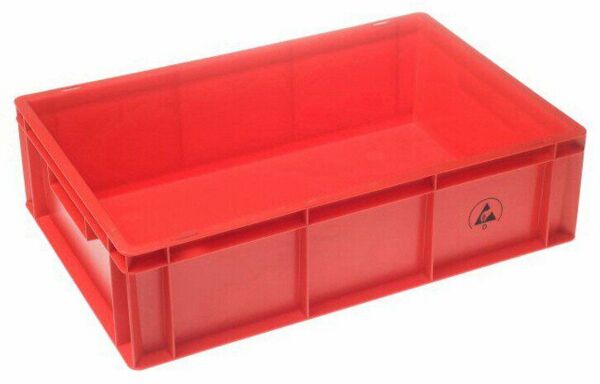 The image shows a rectangular, red plastic box without a lid. It has smooth sides and an open top, ideal for storing items.