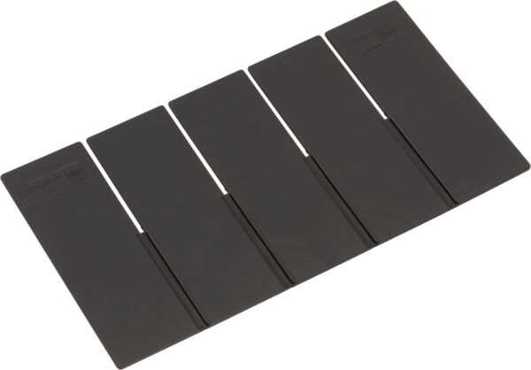 The image shows a row of five rectangular, flat, black plates, arranged side by side and appearing slightly folded. The surface is smooth.