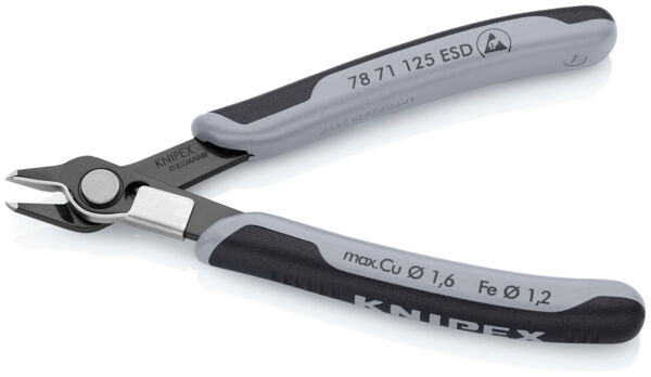 The image shows a small pair of pliers with precise cutting edges. The handles are black with gray rubber inserts for better grip. It is intended for fine work.