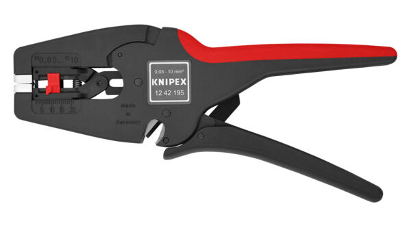 The image shows a black-red crimping tool. It features an ergonomic handle design with red accents and a mechanical drawing on the top. The blades are unfolded and ready for use.