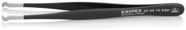 The image shows a black tweezer with a long, narrow shape and round, white tips. On one side it reads "KNIPEX" and a model number. It appears precise and ergonomic.