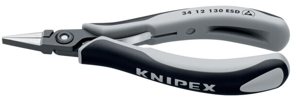 The image shows a gray and black pliers with narrow, pointed jaws. The handle is ergonomically shaped and bears the logo 