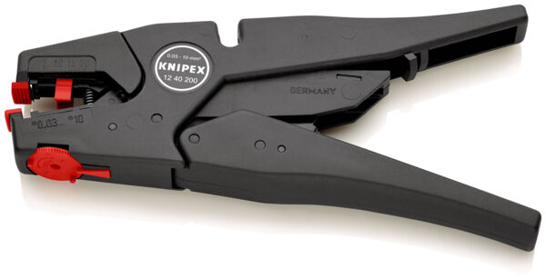 The image shows a black cable cutter pliers. It has two long handles and a cutting surface with a red lever. The tool is labeled "Knipex".