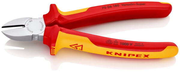 Das Bild zeigt eine rote und gelbe Zange mit einer schmalen, geschliffenen Schneide. Der Markenname "KNIPEX" ist deutlich auf dem Griff sichtbar. Die Zange wirkt robust und ergonomisch gestaltet.