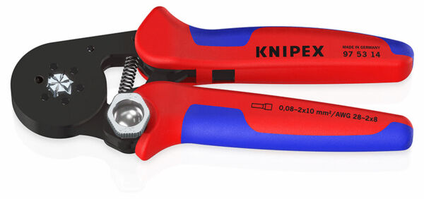 The image shows a red-blue wire cutter with a black blade. The handles are ergonomically shaped and provide a good grip. The pliers are marked with 