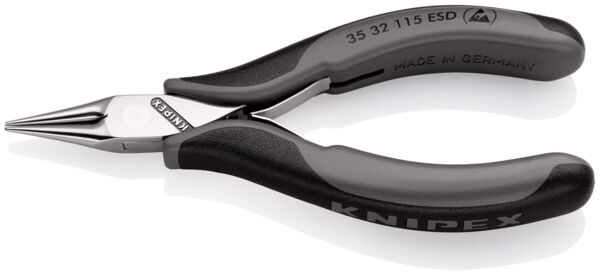 The image shows a pair of pliers with long, narrow jaws and ergonomic, black handles. The handle has a non-slip surface and is made of plastic. The blades are shiny and made of metal.