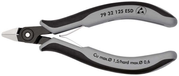 The image shows a pair of pliers with a black and gray handle. It has a pointed, cutting edge and a movable center. The pliers are designed for precise work.