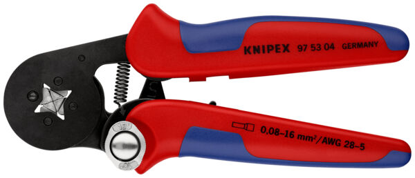 The image shows a cable cutter with red and blue handles. The cutting blades are black and have a serrated surface. Technical details are marked on the tool.