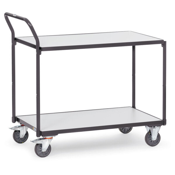 The image shows a simple, two-tiered serving cart with a sturdy, black-painted metal frame and two white shelves. It has four casters and a handle.