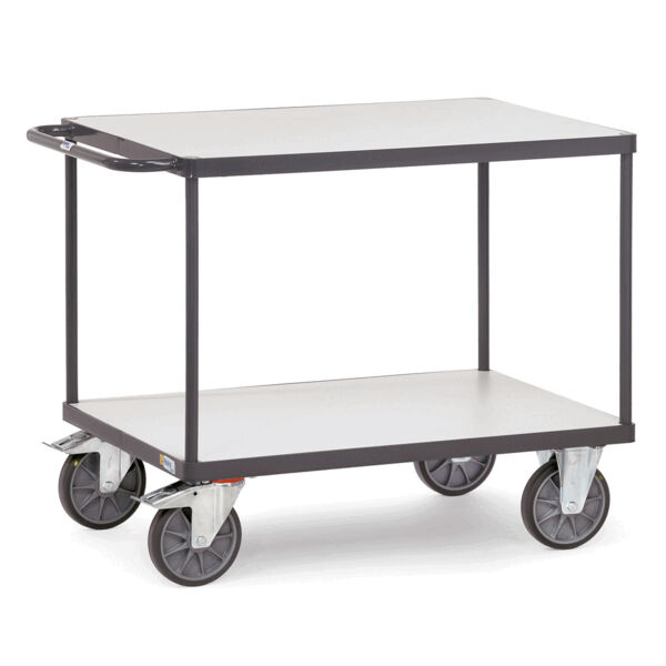 A two-tier serving cart with a sturdy, gray metal frame. It has two levels with smooth, bright surfaces and four large, movable wheels for easy mobility.