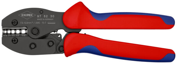 The image shows a pair of pliers with red-blue handles and a black metal head. It has two movable arms that create a connection when pressed together.