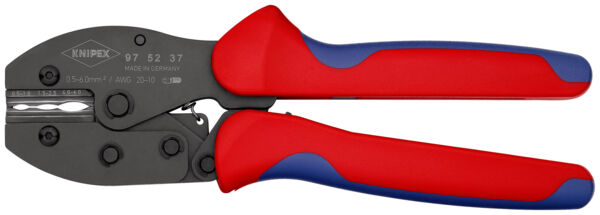 The image shows a cable cutter with red-blue handles. The cutter has a black blade and displays various adjustment options. It is ergonomically designed for better gripping.