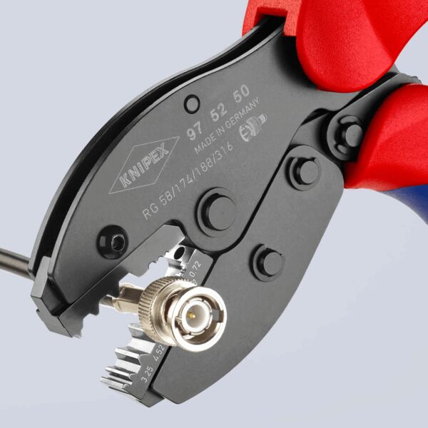 The image shows a pair of pliers with black and red handles. On one side, there is a round component, while the pliers have sharp blades and notches for stripping wires.