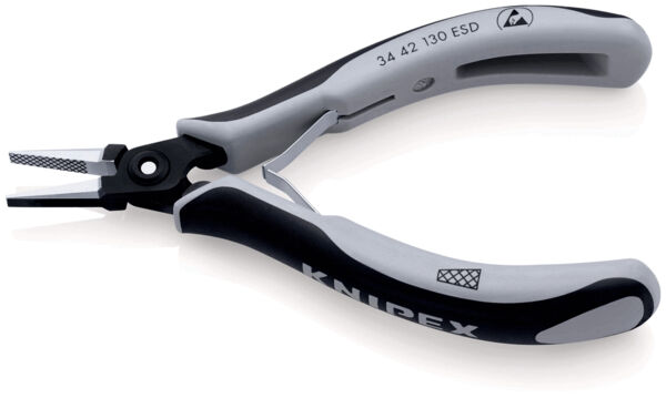 The image shows a combination pliers with gray and black handles. It has a narrow, serrated tip and is designed for precise work. The brand "KNIPEX" is visible on it.