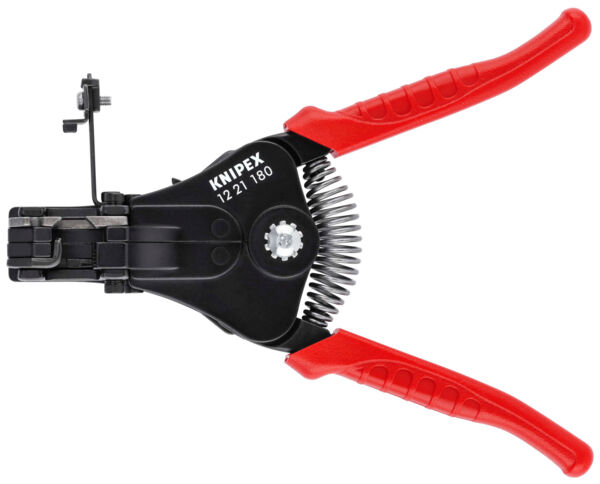 The image shows a black pair of pliers with red handles. It features a special device for stripping wires and a spring mechanism to aid in handling.