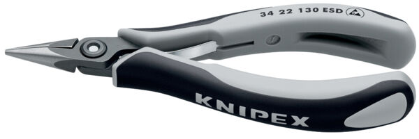 The image shows pliers with pointed, narrow blades and ergonomic handles. The handles are black and gray, labeled "KNIPEX". Ideal for cutting and gripping.