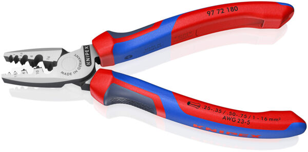 The image shows a red and blue pliers with ridged handles. The pliers have a flat, metallic tip and are suitable for gripping and cutting wires.