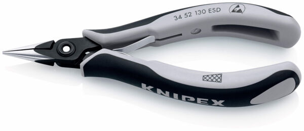 The image shows a flat round pliers with pointed grippers. The handle is ergonomically designed, black with gray accents. The pliers are suitable for precise work.