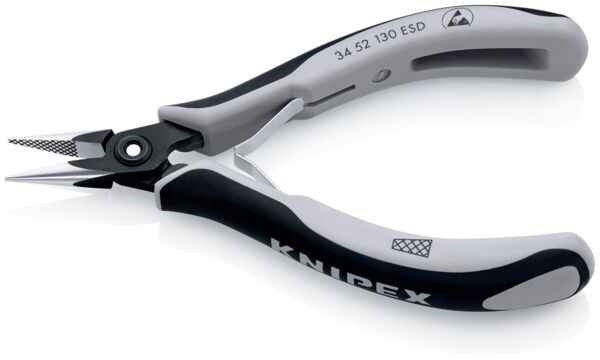 The image shows a pair of pliers with fine, pointed blades. The handle is black with gray rubber coatings, which provide a better grip. The pliers have a cool, modern design.