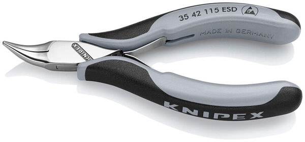 The image shows a silver pair of pliers with ergonomic, grippy black and gray handles. The pliers have a pointed, curved head, suitable for precise tasks.