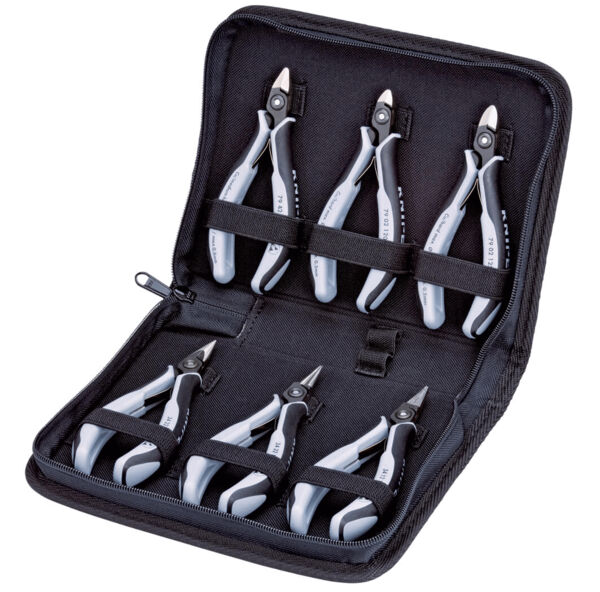 The picture shows a black case with a zipper, containing five different pliers. The pliers have gray handles and are neatly arranged in the case.