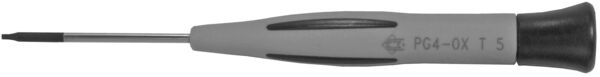 The image shows a screwdriver with a long, slender metal head and an ergonomic, gray handle. The handle has non-slip areas for better grip.