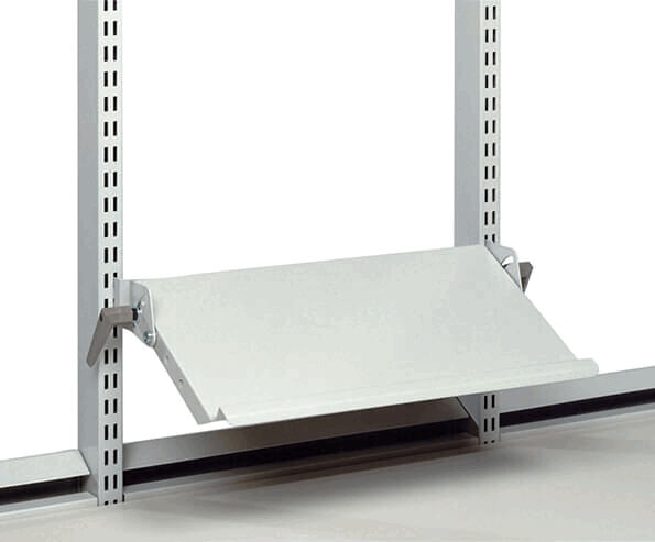 It is a flat tray that is attached to a metal shelving unit. The tray is slightly tilted and serves to display or store items.