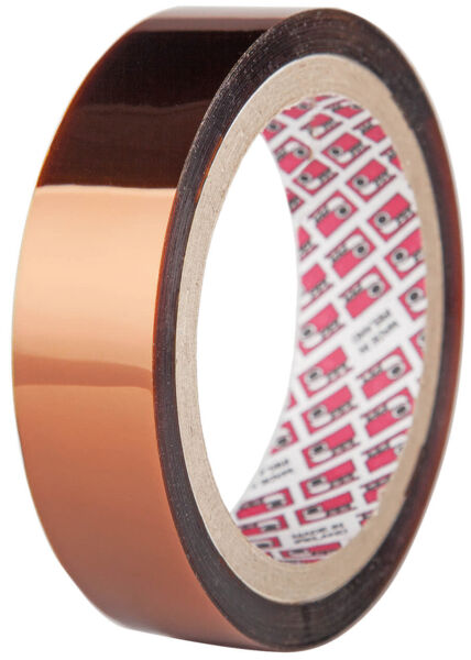 The image displays a roll of shiny, copper-colored tape with an inner white paper layer that features colorful patterns. The roll is round and has a pronounced diameter.