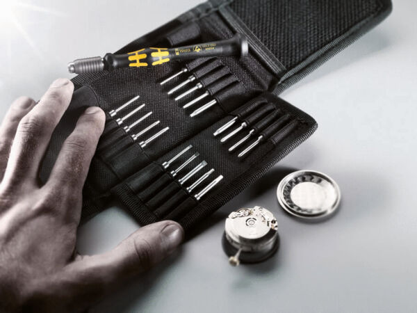 The image shows an open tool bag with various screwdriver bits and a screwdriver in hand. Next to it are a round metal object and a watch spring.