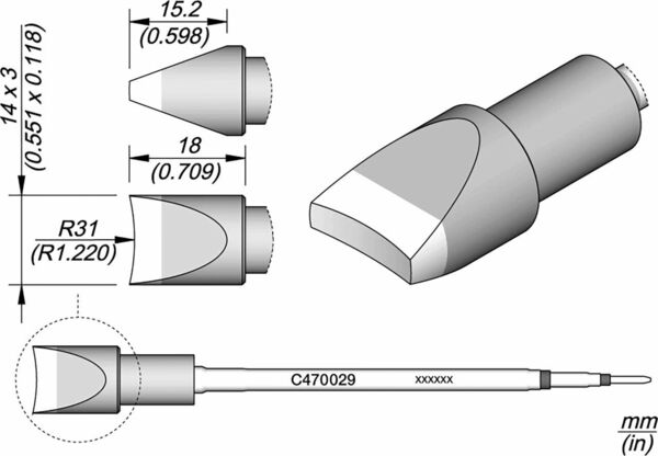 The image displays a technical drawing of an object from various perspectives. Dimensions in millimeters are provided, including length, width, and radius. The object has a conical shape with rounded edges.